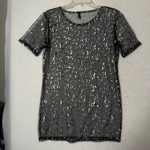 Silver Glitter Moon Star Sheer Mesh Mini Dress Black Short Sleeve Tunic Size 4
